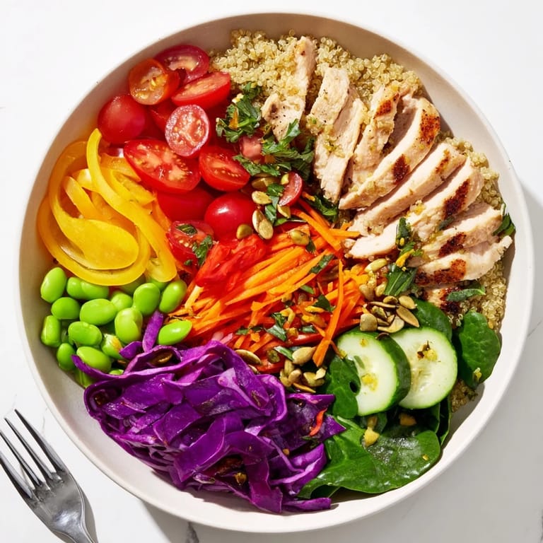 Colorful Healthy Meal-Prep Bowls with quinoa, fresh vegetables, and zesty dressing drizzled.  