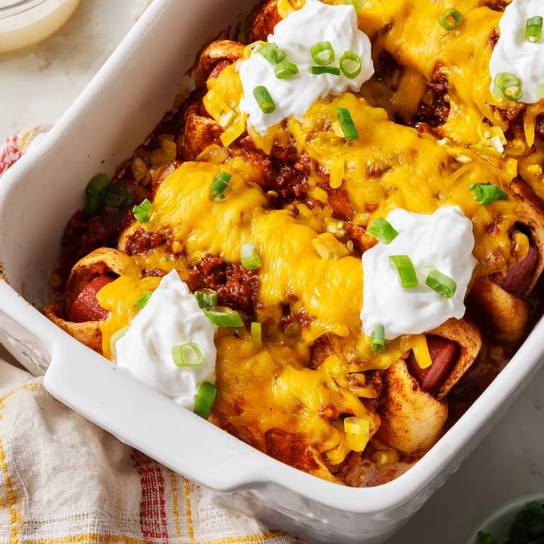 Savory layers of Chili Dog Casserole bubbling with melted cheddar cheese and hearty hot dogs.  