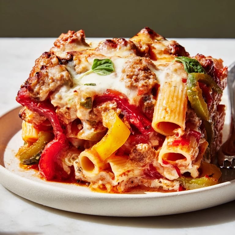 Savory baked rigatoni with sausage, vibrant peppers, and bubbling cheese straight from the oven.