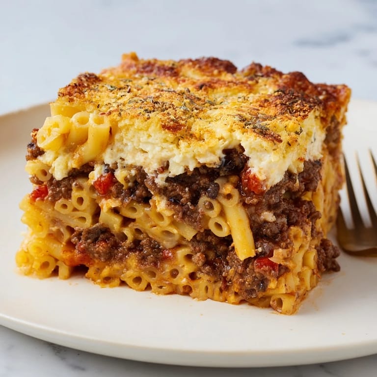 Serve warm Greek Pastitsio, a hearty casserole filled with savory flavors and textures.