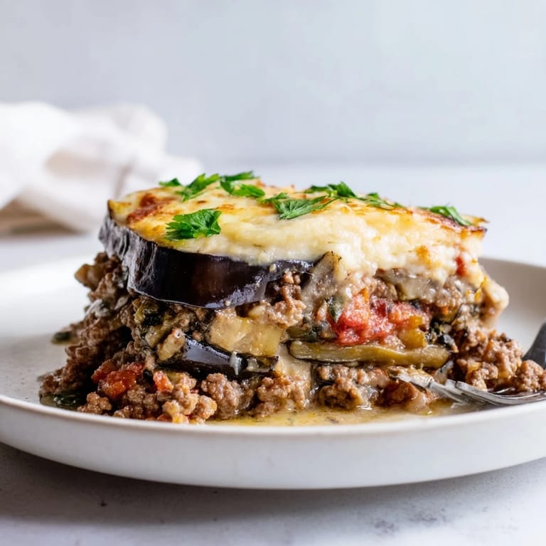 Layers of savory Moussaka with Beef & Eggplant, featuring roasted eggplant and spices.  