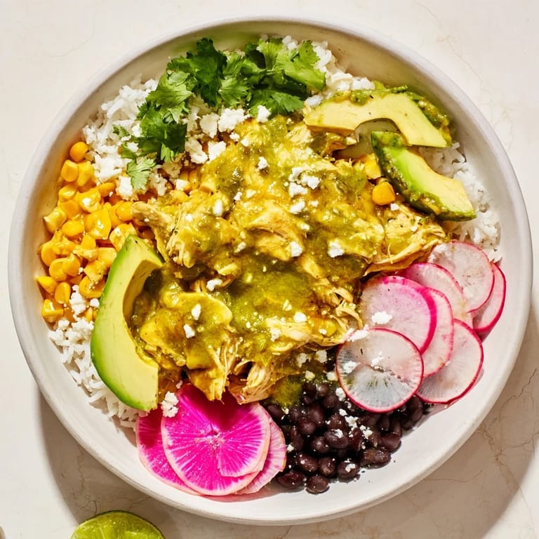 Flavorful Green Enchiladas Rice Bowl with vibrant toppings, a delicious and easy Tex-Mex dinner, photographed.