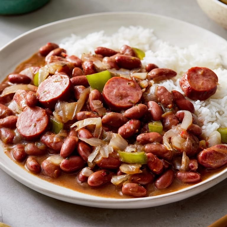 Enjoy a comforting plate of creamy Red Beans & Rice with smoky sausage, ready to be served.