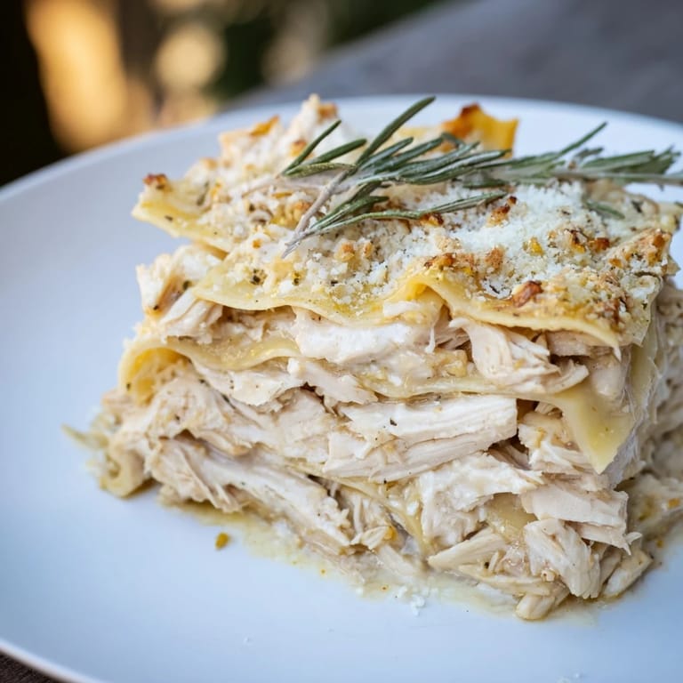 Creamy, cheesy Rosemary Chicken Lasagna, layered with tender chicken and aromatic rosemary, is a true comfort meal.