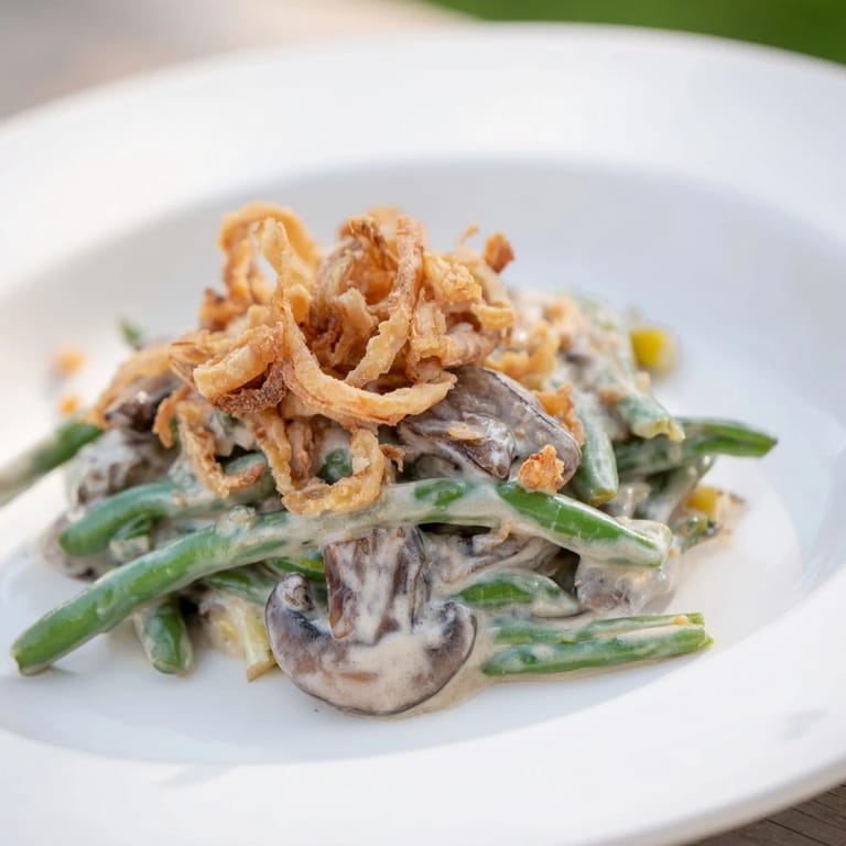 Creamy homemade Old-School Green Bean Casserole with tender green beans, mushrooms, and golden toppings.