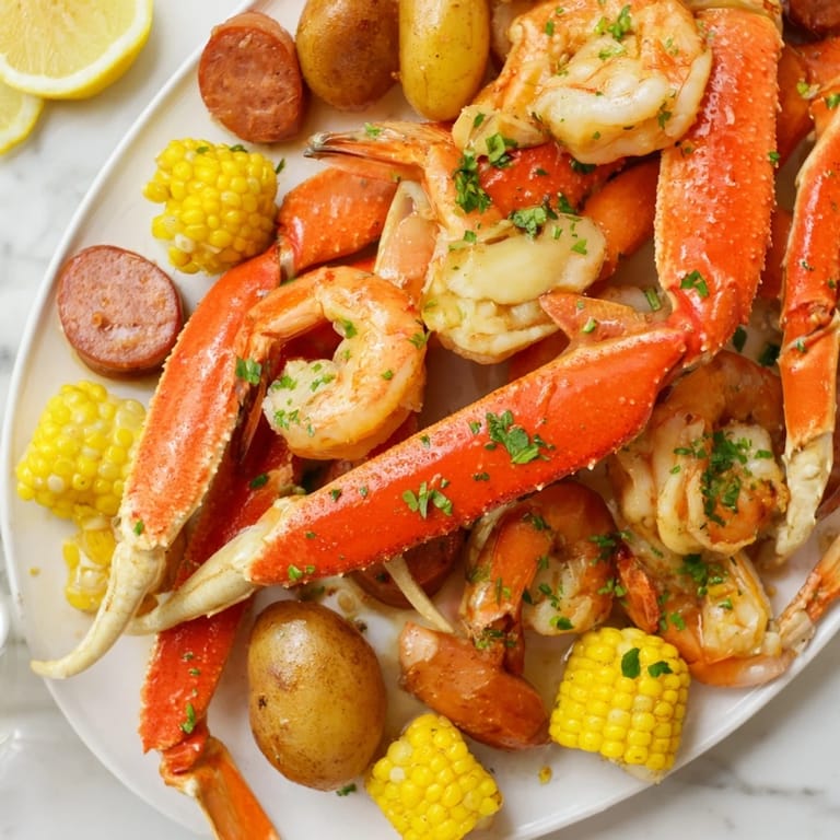 Sizzling close-up: A generous helping of colorful Seafood Boil, piled high with crab, shrimp, and potatoes.