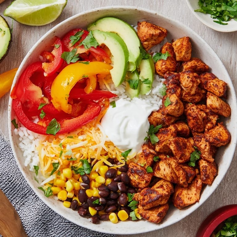 Savory Sheet Pan Chicken Burrito Bowls, brimming with vibrant vegetables, perfectly seasoned chicken, and fresh toppings.