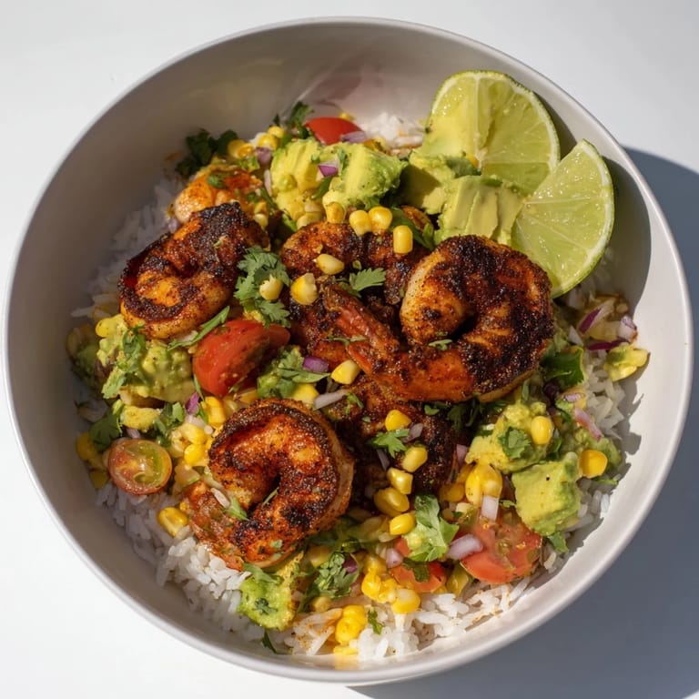 Close-up of a Blackened Shrimp Bowl, showcasing charred shrimp and fresh, colorful ingredients.
