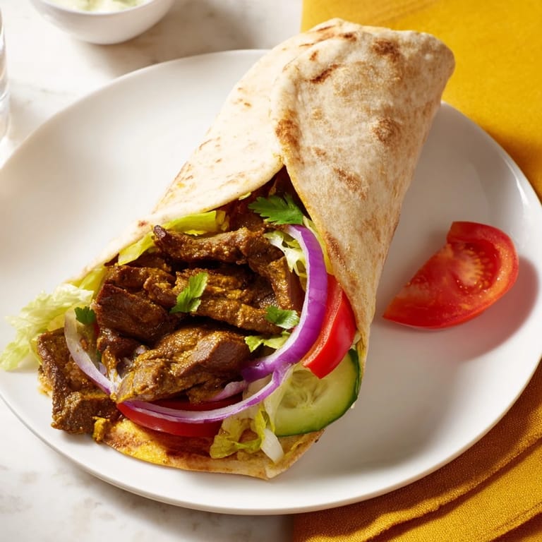 Warm flatbread wraps, overflowing with savory Beef Shawarma, vegetables, and creamy yogurt for a delightful meal.