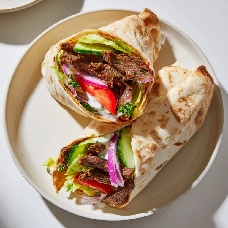 A close-up of delicious Beef Shawarma wraps with fresh vegetables, glistening on a plate, tempting flavors.