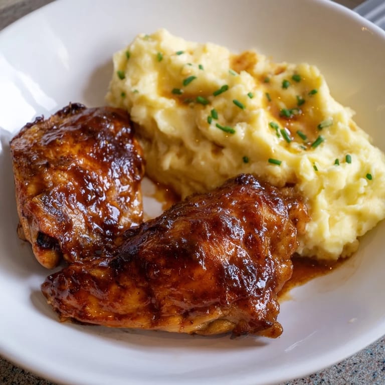 Tender Honey BBQ Chicken Thighs with a sweet, smoky aroma, paired with creamy garlic mashed potatoes.