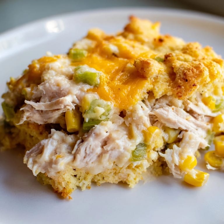 A hearty casserole: imagine the warm, baked texture of the Southern Cornbread Chicken Casserole fresh from the oven.