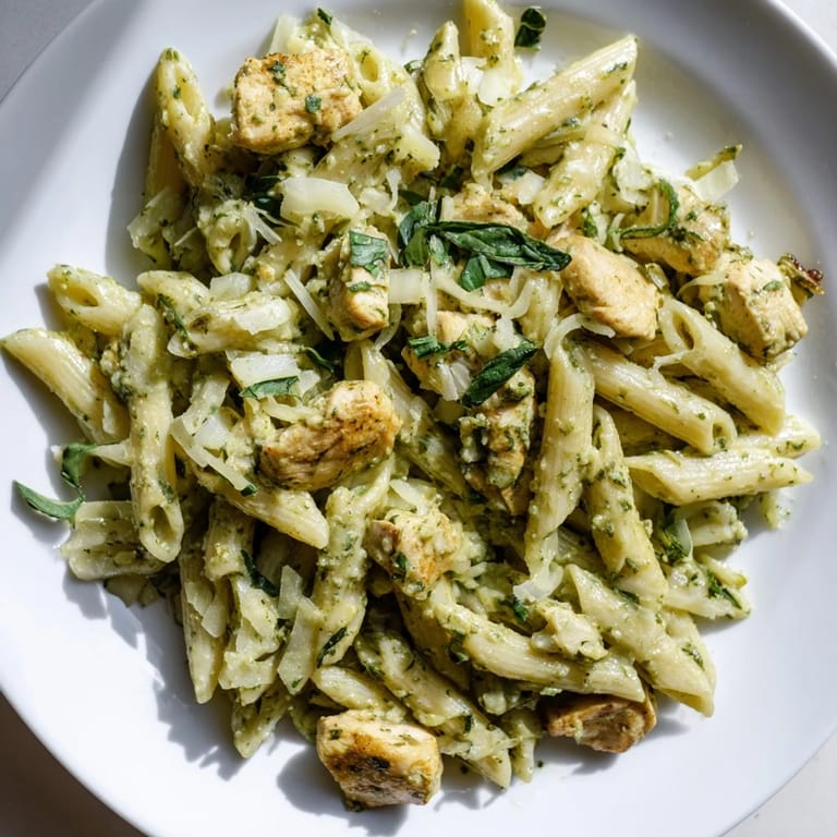 Enjoy the luscious creamy pesto penne & chicken, a dish filled with basil aroma and cheesy goodness.