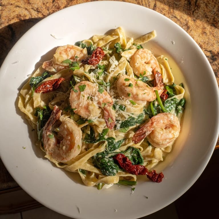 Freshly made Tuscan Garlic Shrimp Pasta, tossed with spinach and sun-dried tomatoes, looks delicious.