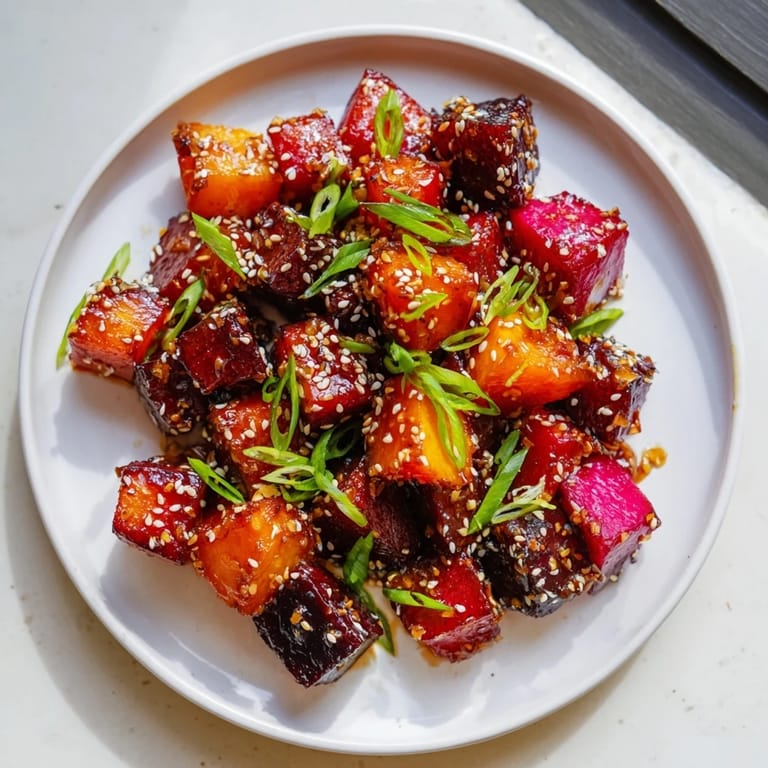 Vibrant and savory, a close-up of Miso Roasted Winter Vegetables garnished with sesame seeds.