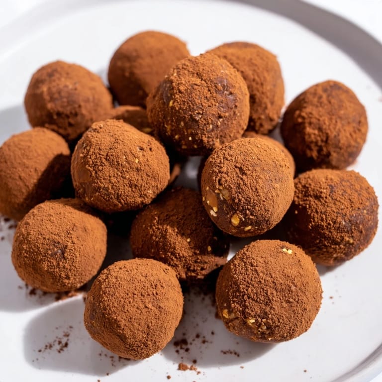 Homemade Date & Walnut Truffles, a vegan treat perfect for gifting, photographed on a white surface.