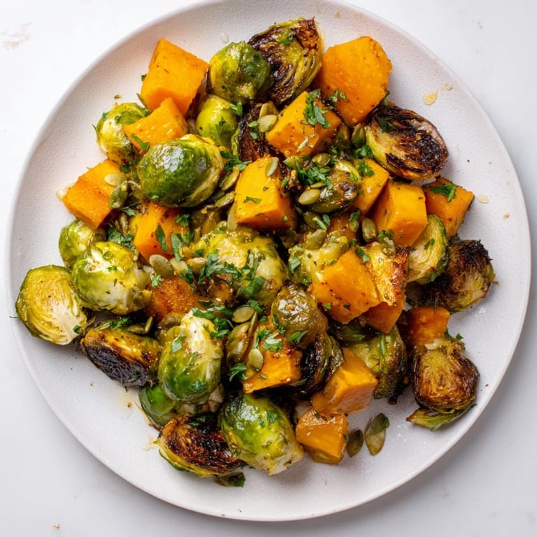 Vibrant image of Roasted Brussels Sprouts & Butternut Squash, drizzled in citrusy dressing, for a great side.