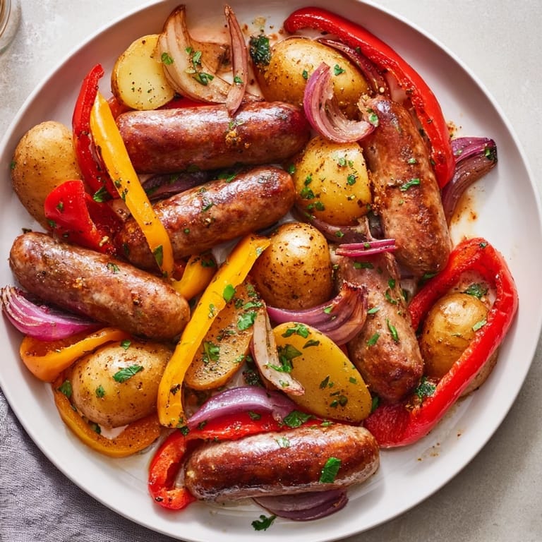 Savory Sheet-Pan Sausage with Peppers, cooked with colorful veggies and herbs, makes an easy weeknight meal.