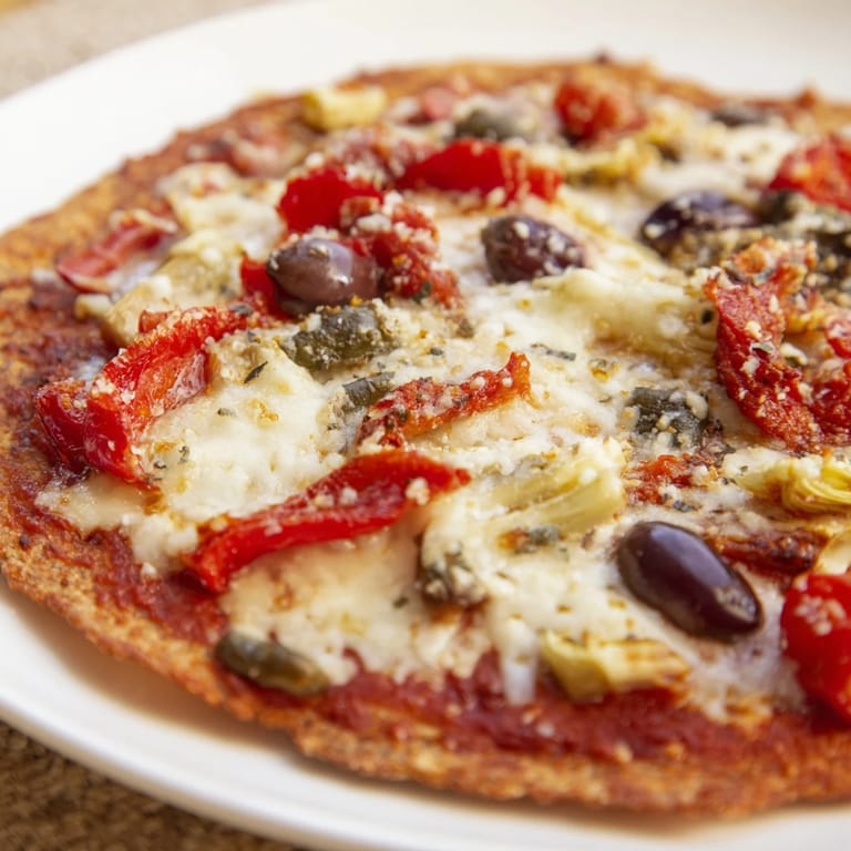 Freshly baked tortilla pizza, featuring a colorful assortment of pantry toppings and bubbling cheese.