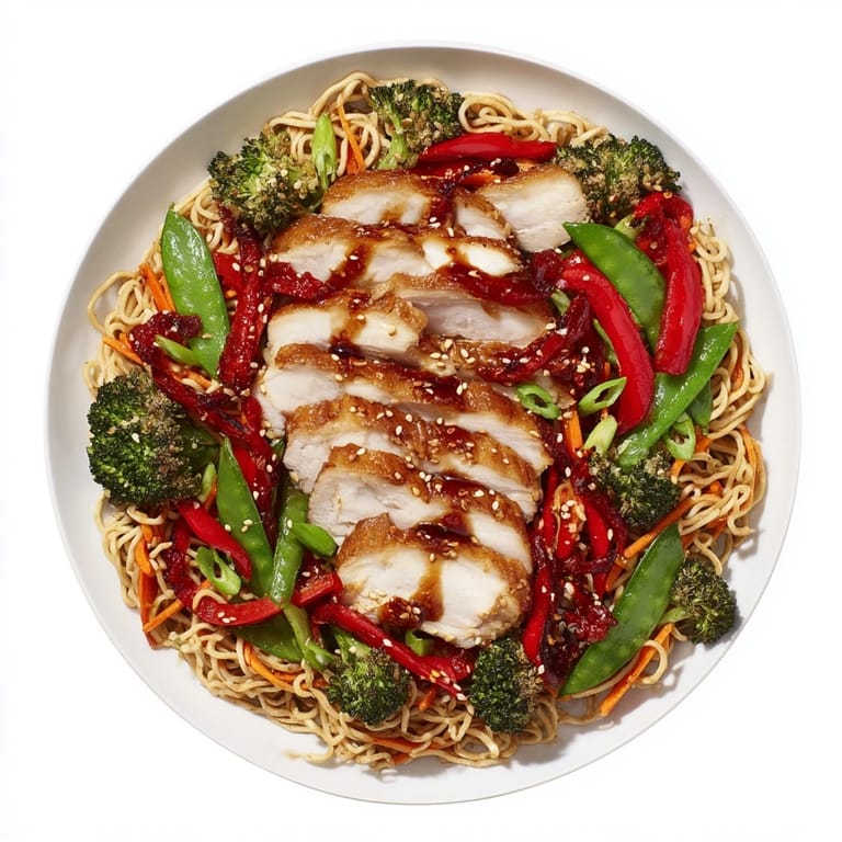 A close-up of sheet-pan crispy ramen highlights the golden-brown noodles and juicy chicken pieces.