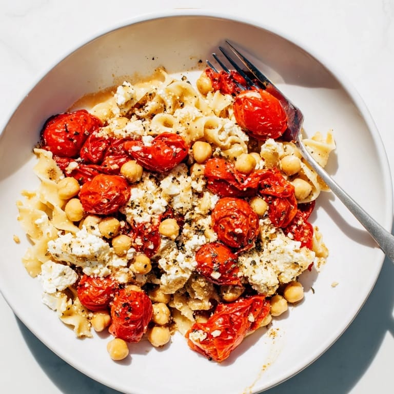 Creamy baked feta chickpea and tomato pasta dish, garnished with fresh basil for a vibrant, flavorful meal.