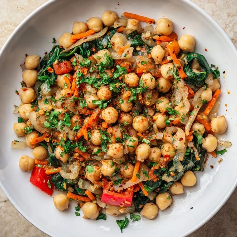 Steaming Vegetarian Chickpea & Spinach Skillet: a flavorful, Mediterranean-inspired single pan dinner.