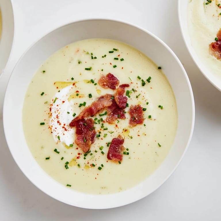 Warm, comforting The Ultimate Baked Potato Soup, ready to eat, served with crusty bread.