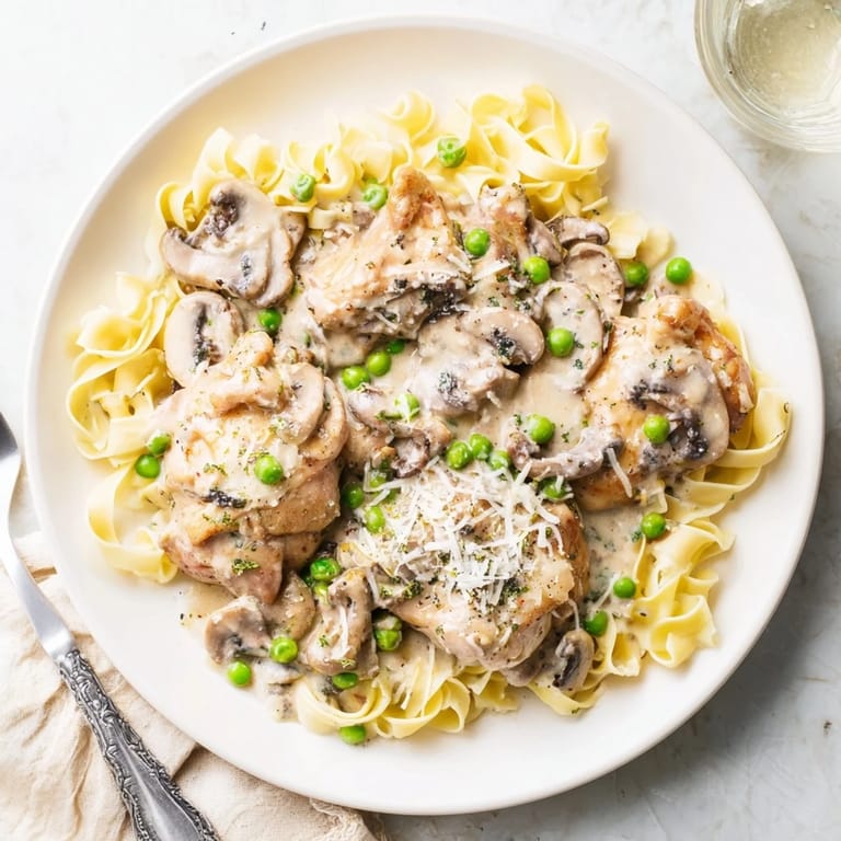 Tender chicken breasts smothered in a slow-cooker Creamy Chicken Alfredo, topped with Parmesan cheese.