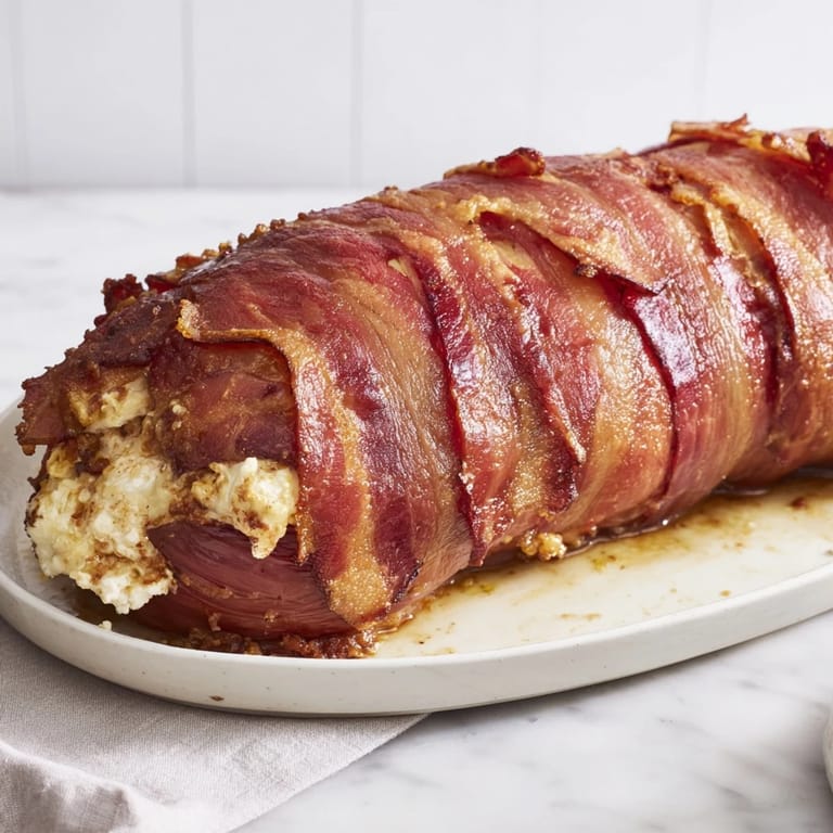 Golden-brown bacon-wrapped dates stuffed with goat cheese, perfect for sharing at your next party.