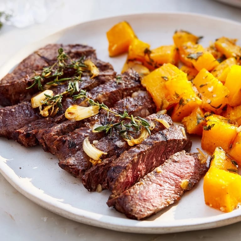 Juicy sliced garlic herb steak alongside roasted butternut squash creates a delicious, gluten-free bowl.
