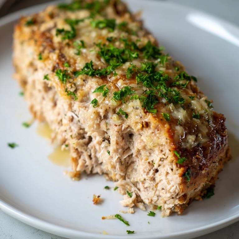 This Garlic Parmesan Chicken Meatloaf shows off a flavorful, perfectly baked homemade meal.