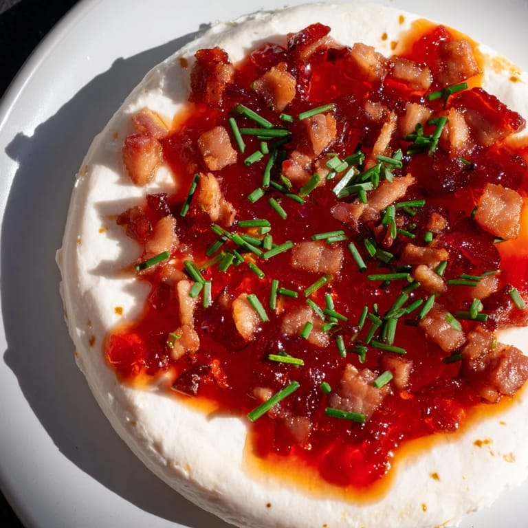 Crispy bacon crumbles over pepper jelly and cream cheese appetizer, a flavorful party snack.