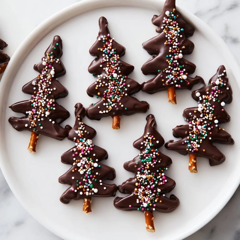 Melted chocolate drizzled into festive tree shapes, these Easy Express Chocolate Christmas Trees await decoration.