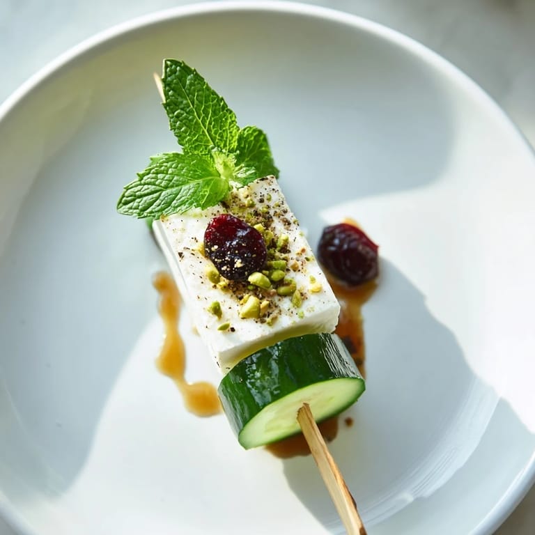 A close-up of delectable Holiday Cranberry-Feta Skewers, boasting feta, cranberries, and fresh mint, ready to enjoy.