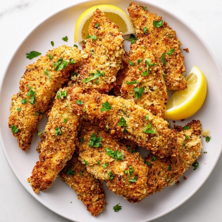 Crispy garlic Parmesan chicken tenders, perfectly breaded and baked to a delightful golden hue.