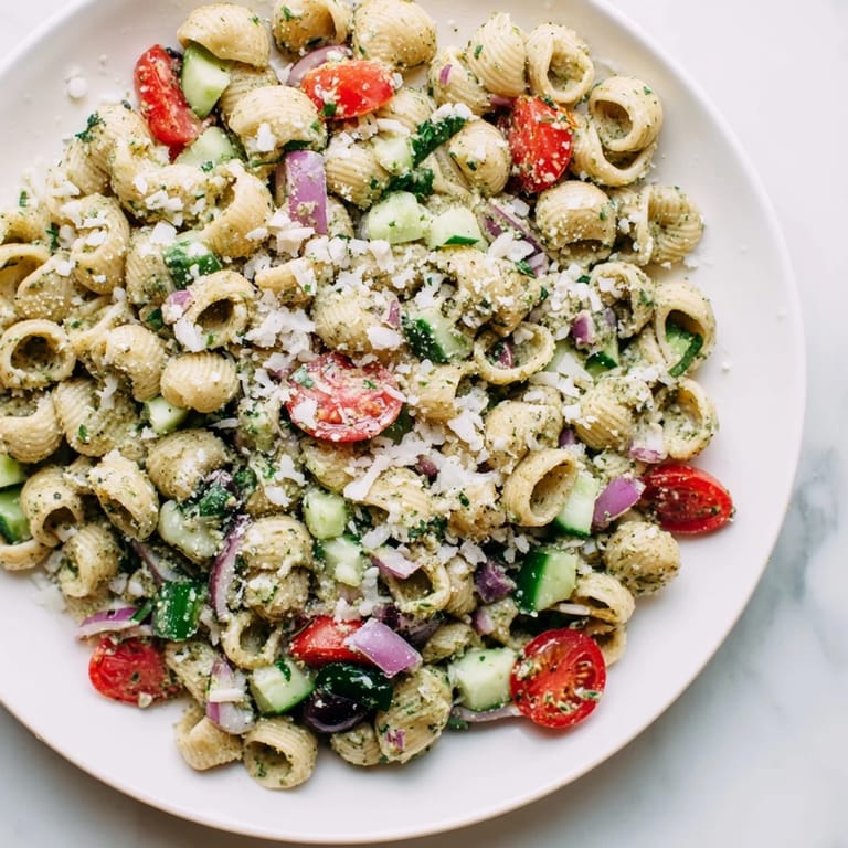 Vibrant Caesar pesto ditalini salad, mixed with pesto and Parmesan, ready to serve as a meal.