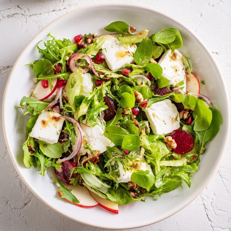 Close-up of a delightful Spiced Honey and Date Goat Cheese Salad, ready to be enjoyed as a starter.