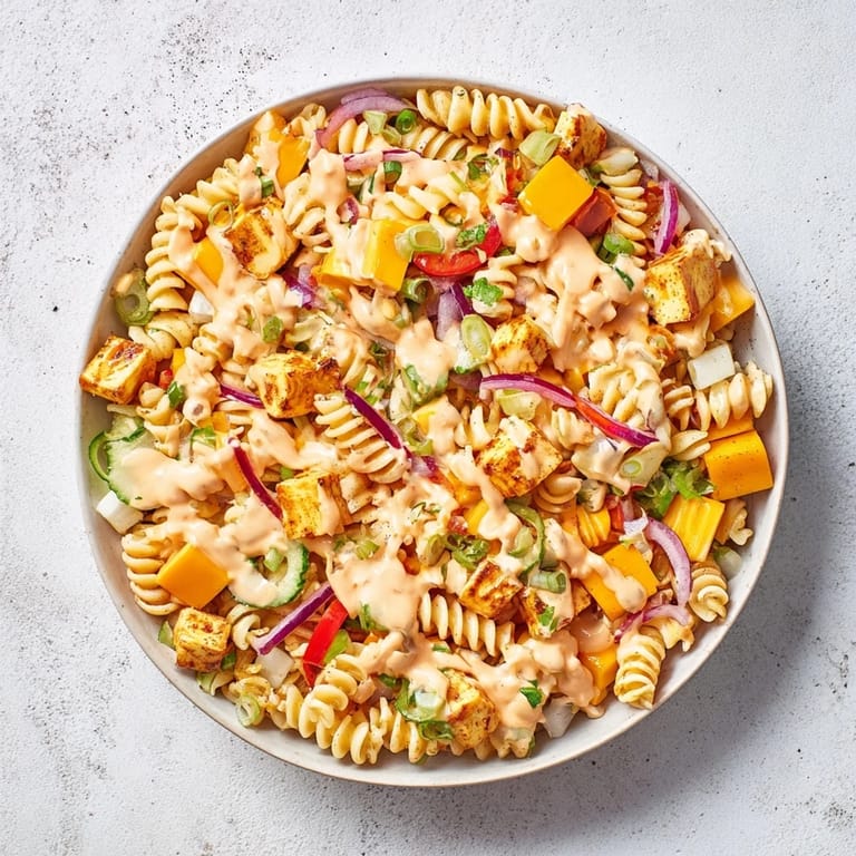 A colorful photo showcases the chilled Dill Pickle Chopped Pasta Salad, ready for a picnic spread.