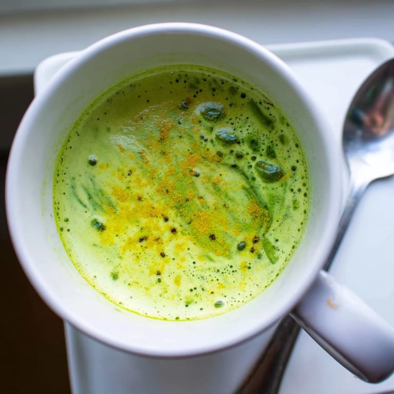 A mug of delicious Coconut Ginger Matcha Winter Immunity Latte, topped with a dusting of matcha powder.
