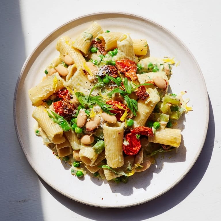 Creamy, comforting Healthy Tuscan White Bean & Kale Christmas Pasta overflowing with delicious Italian flavors in a skillet.