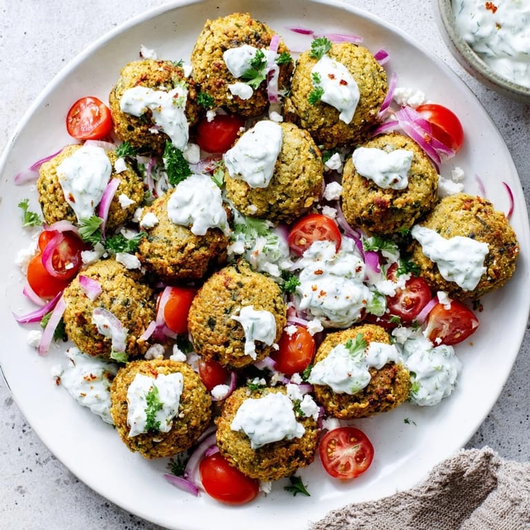 Golden-crisp falafel nestled in a wreath arrangement, a Festive Falafel & Tzatziki Christmas Wrap.