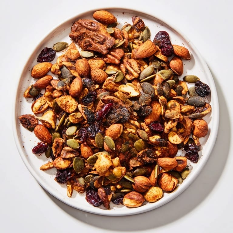 A close-up of crunchy Acorn & Oak Snack Mix, seasoned with smoky paprika and cinnamon after baking.