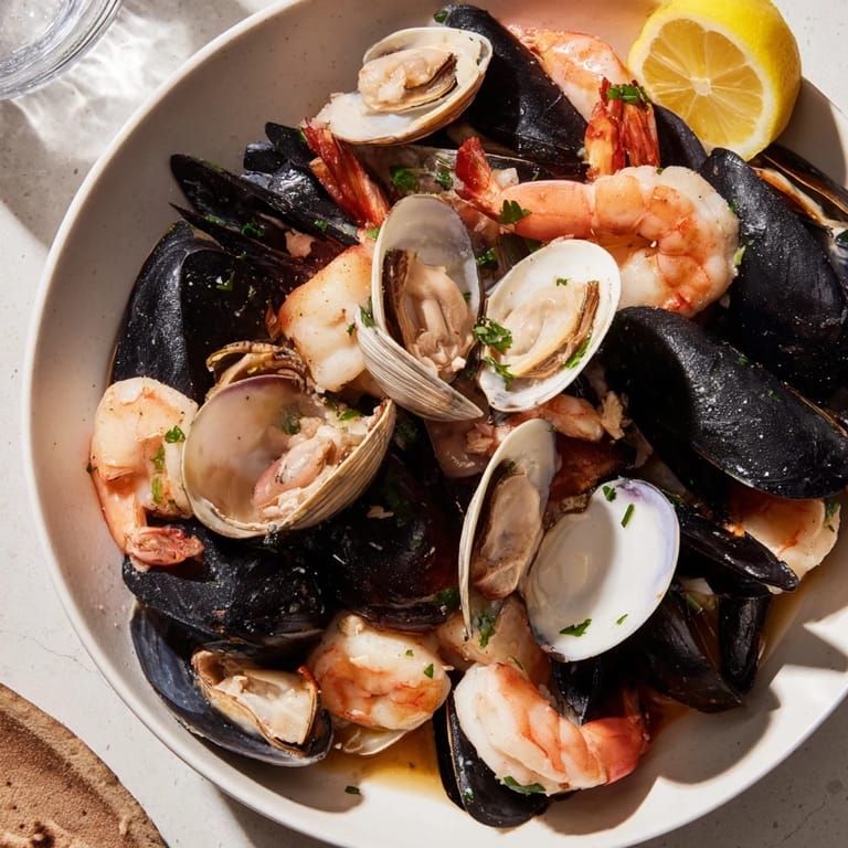 Vivid image of a delightful Shellfish & Seafood Medley, perfectly steamed with mussels, clams, and juicy shrimp and scallops.