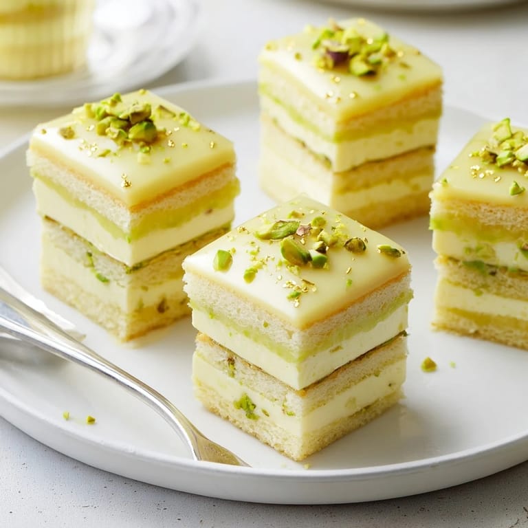 Golden, bite-sized Grenouille Royale Petits Fours, layered with pistachio cream, creating an elegant treat.