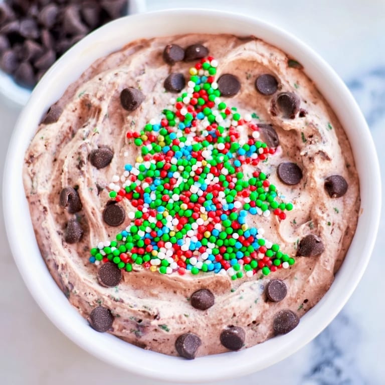 A close-up of a bowl filled with Festive Tree Brownie Dip, served with sweet dippers like graham crackers.
