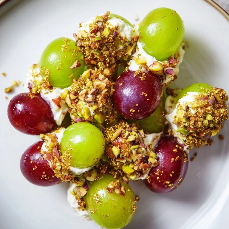 Creamy cheese-covered sparkling grape cluster appetizer with gold sprinkles, ready for guests to enjoy.