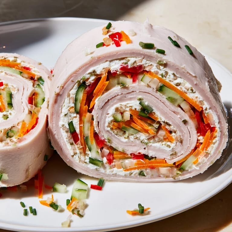 Christmas appetizer: Close-up of flavorful Smoked Turkey Pinwheels Tree studded with fresh parsley and tomatoes.