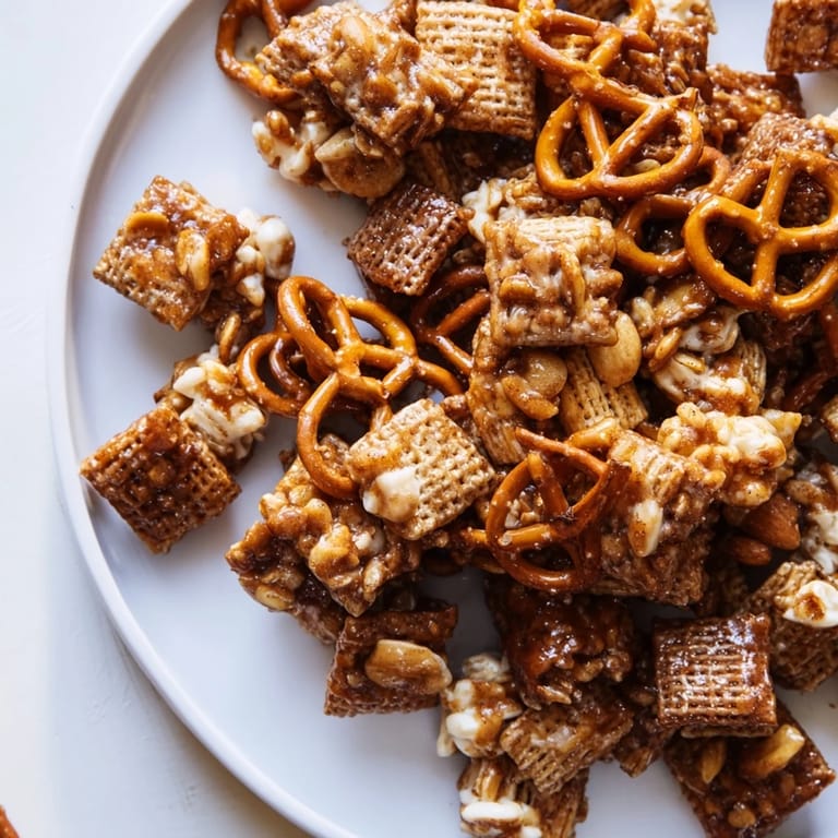 A close-up of a festive Party Mix with a cinnamon-spiced cider coating, ready to enjoy.