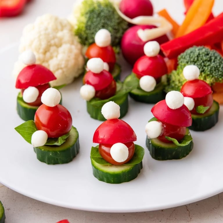 This delicious Savory Crudités: Veggie Santa Hat Dip Platter features fresh veggies, cheese, and a zesty dip for grazing.