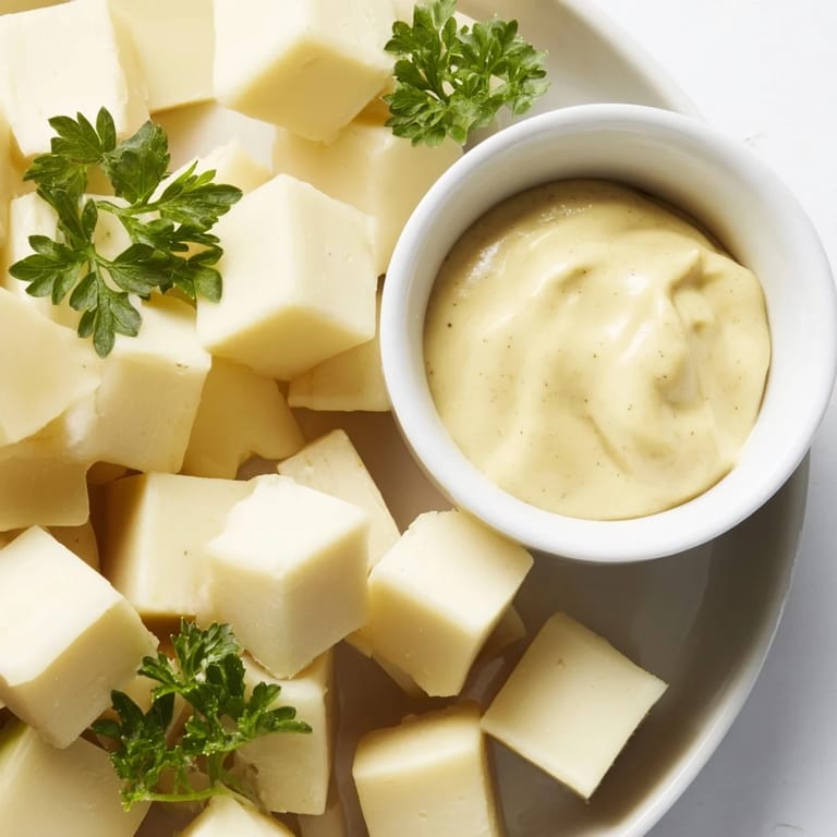 A tempting cheese platter featuring creamy Gouda with a vibrant yellow mustard dip bowl.